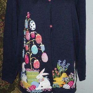 Easter Sweater 1X  Navy with Bunnies eggs ducks
